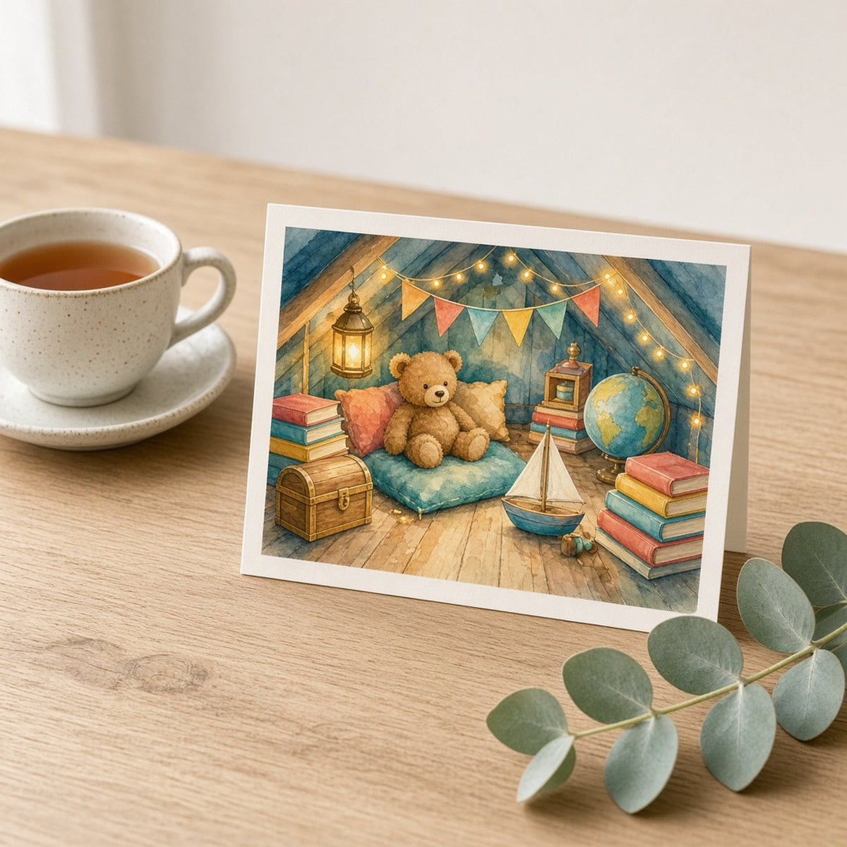 Watercolour secret attic hideaway with a teddy bear, toy sailboat, globe and treasure chest printed flat on a greeting card, made with prompt #302