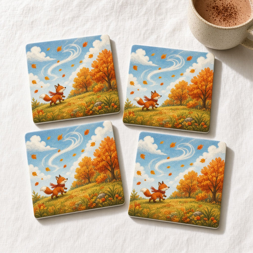 Little fox in a red scarf arriving at a windswept autumn orchard hilltop printed flat on a set of 4 coasters, made with prompt #423