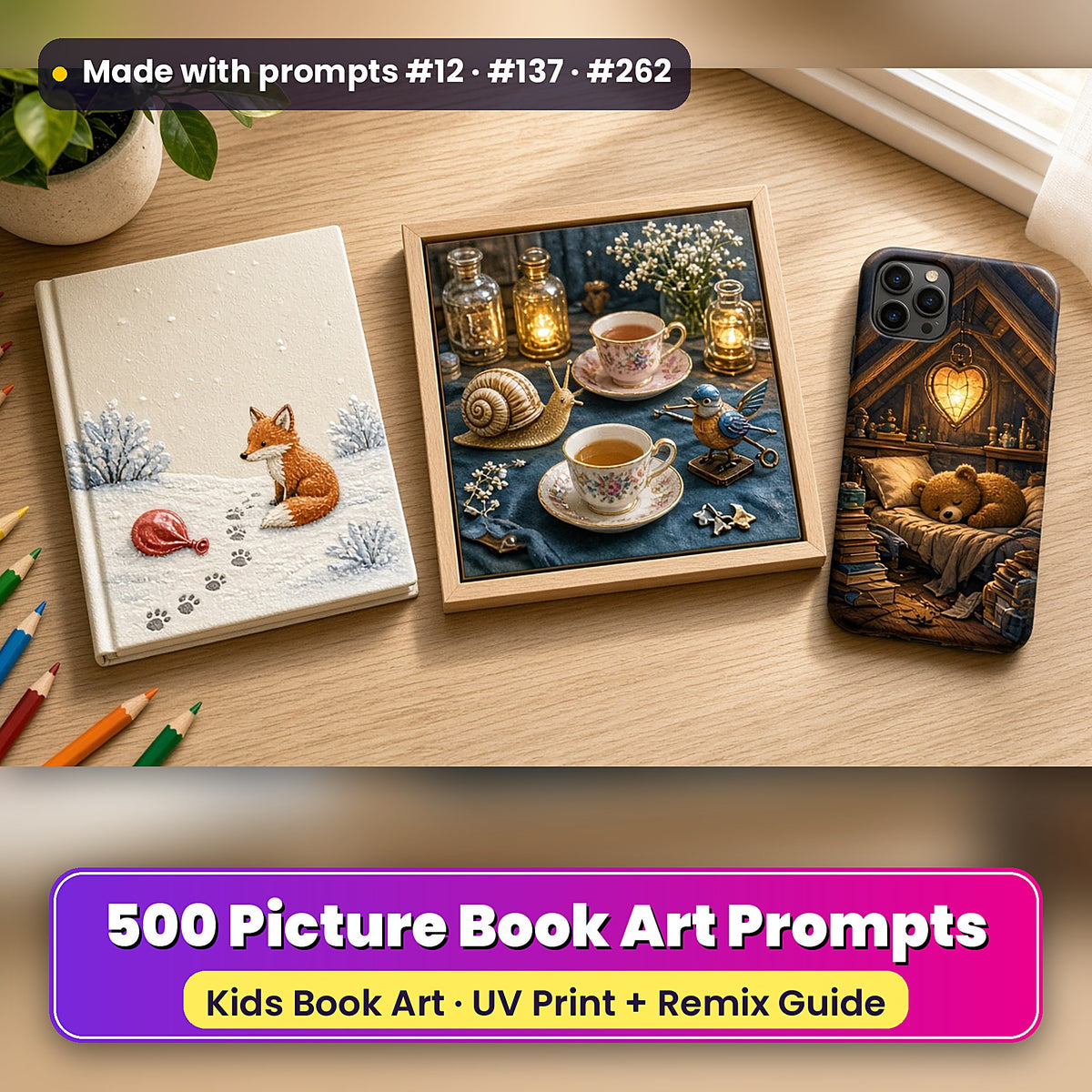 Children's Picture Books Art Prompt Pack: realistic mockup, hero, made with prompts #12 · #137 · #262