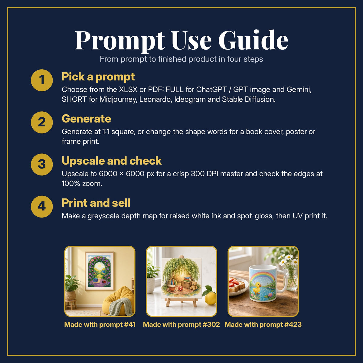 Prompt Use Guide for the Early Readers Art Prompt Pack: pick a prompt, generate, upscale and check, print and sell, with sample products made with the pack's prompts