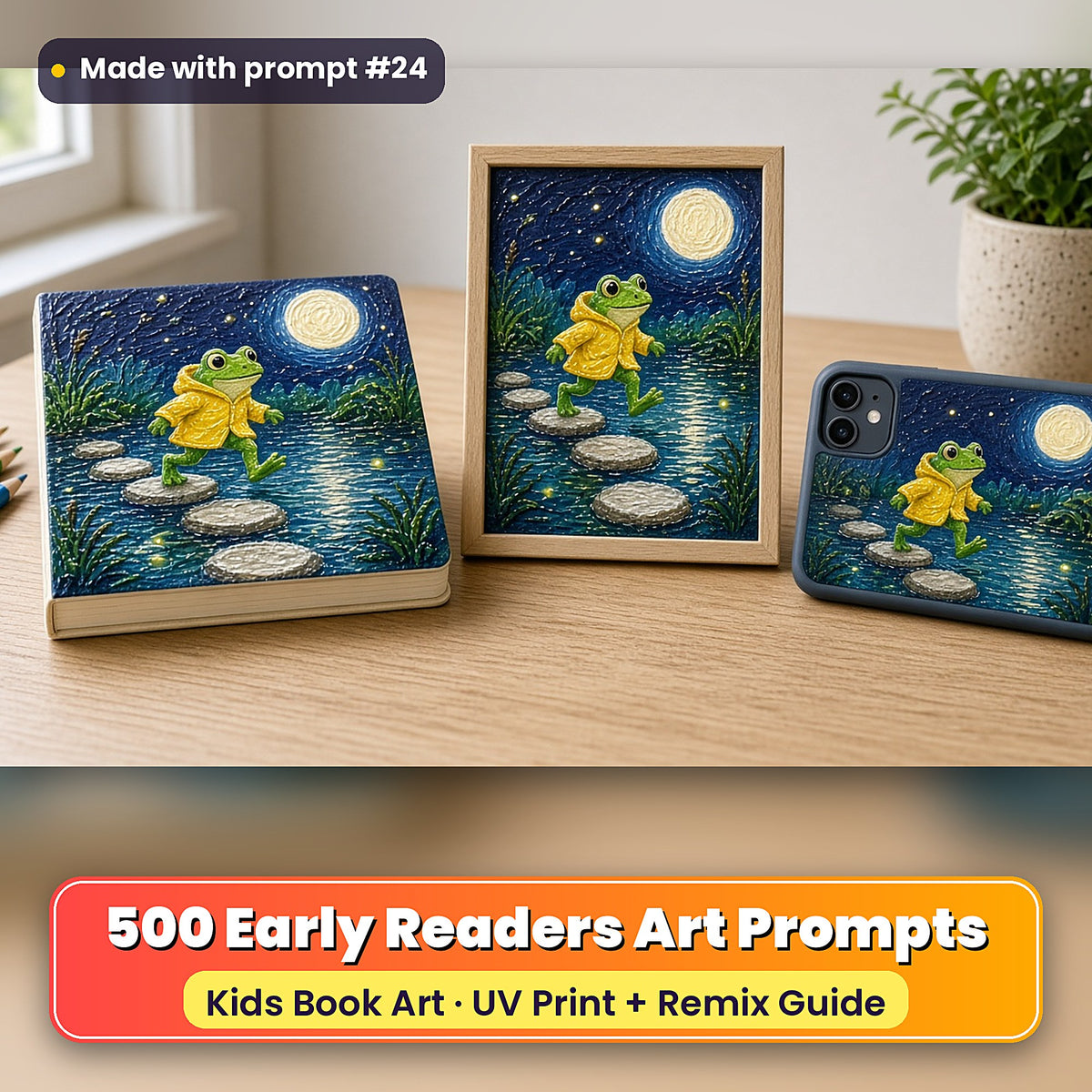 Early Readers Art Prompt Pack: realistic mockup, book cover, framed print and phone case set, made with prompt #24