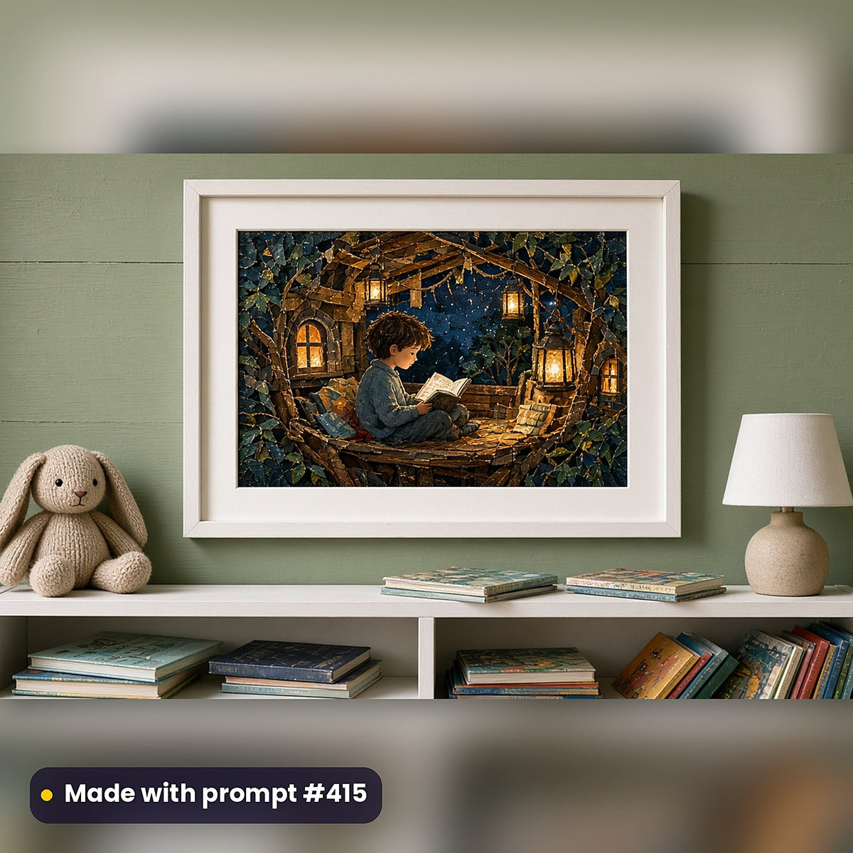Early Readers Art Prompt Pack: realistic mockup, framed print on wall, made with prompt #415