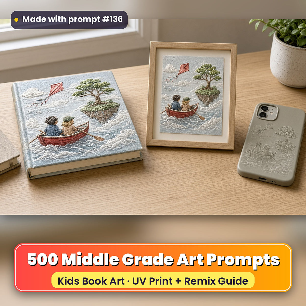Middle Grade Adventures Art Prompt Pack: realistic mockup, book cover, framed print and phone case set, made with prompt #136