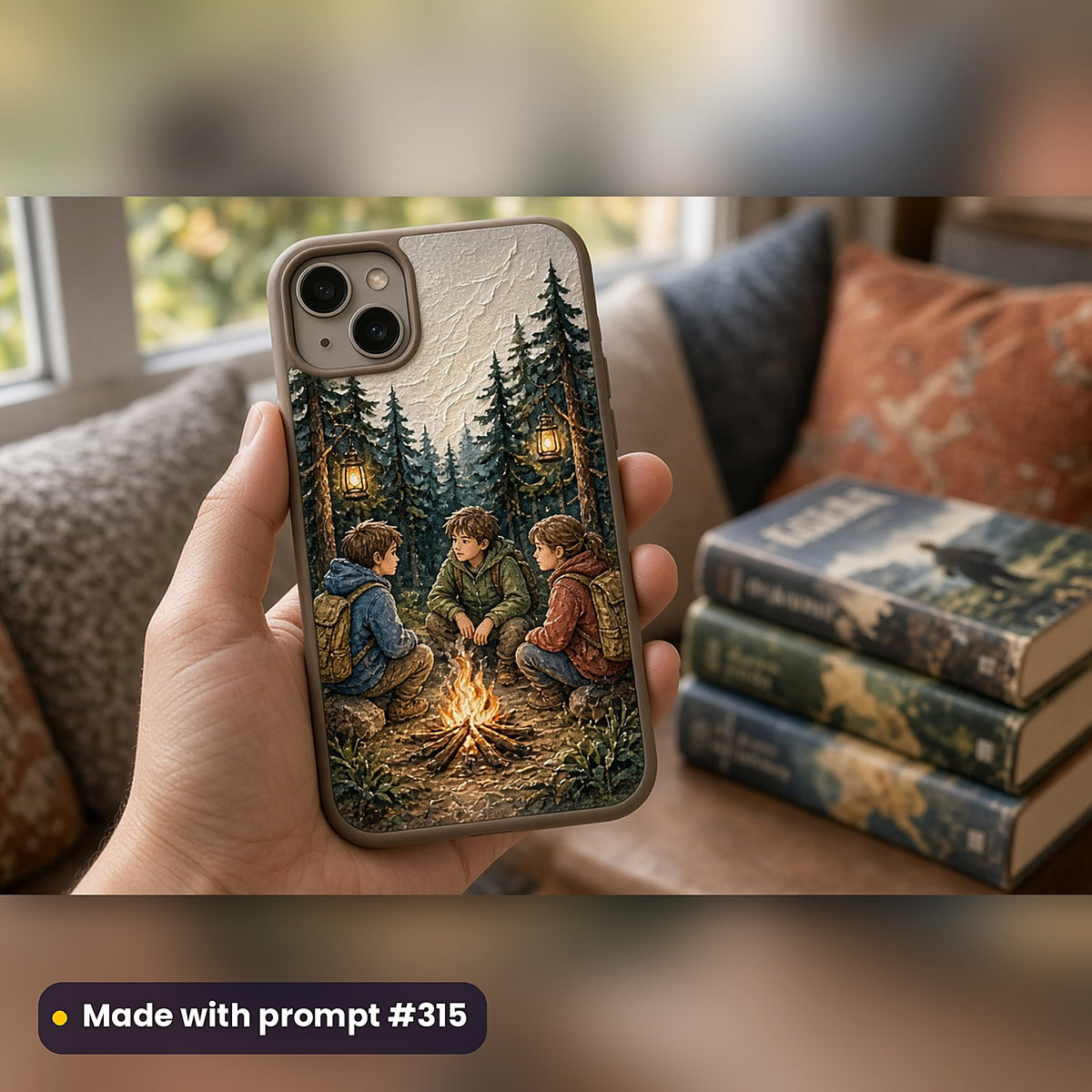 Middle Grade Adventures Art Prompt Pack: realistic mockup, phone case in hand, made with prompt #315