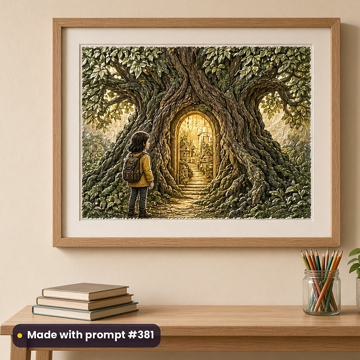 Middle Grade Adventures Art Prompt Pack: realistic mockup, framed print on wall, made with prompt #381