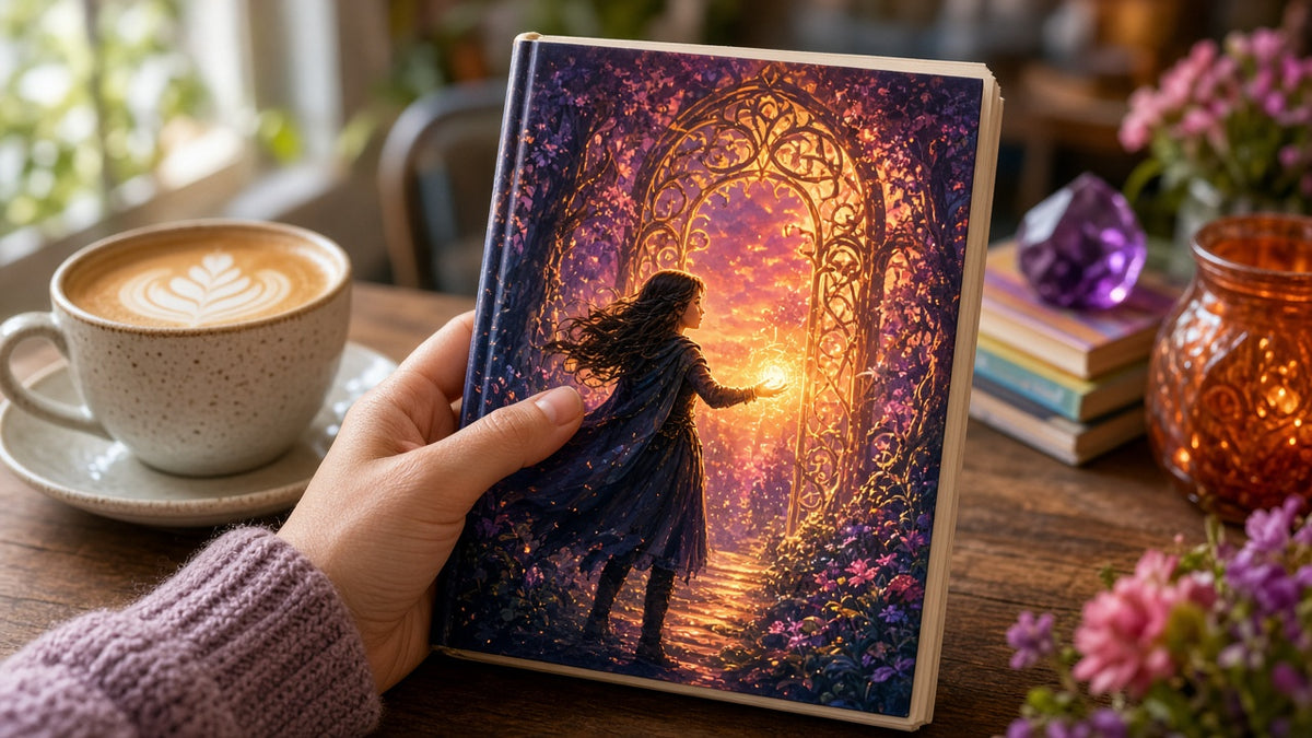 Young Adult Fantasy Art Prompt Pack: realistic mockup, framed book art in hand, example artwork from the kids & ya library