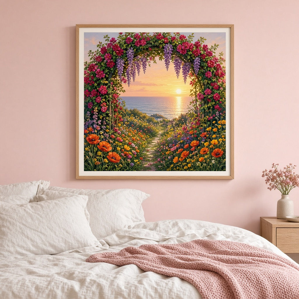 Rose and wisteria garden arbour opening onto a poppy meadow and a golden sunset sea printed flat on a framed print in a bedroom, made with prompt #41