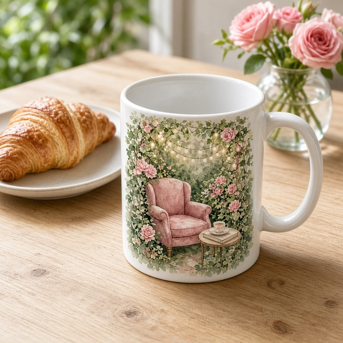 Watercolour secret rose garden nook with a pink velvet armchair, teacup and fairy lights printed flat on a mug, made with prompt #302