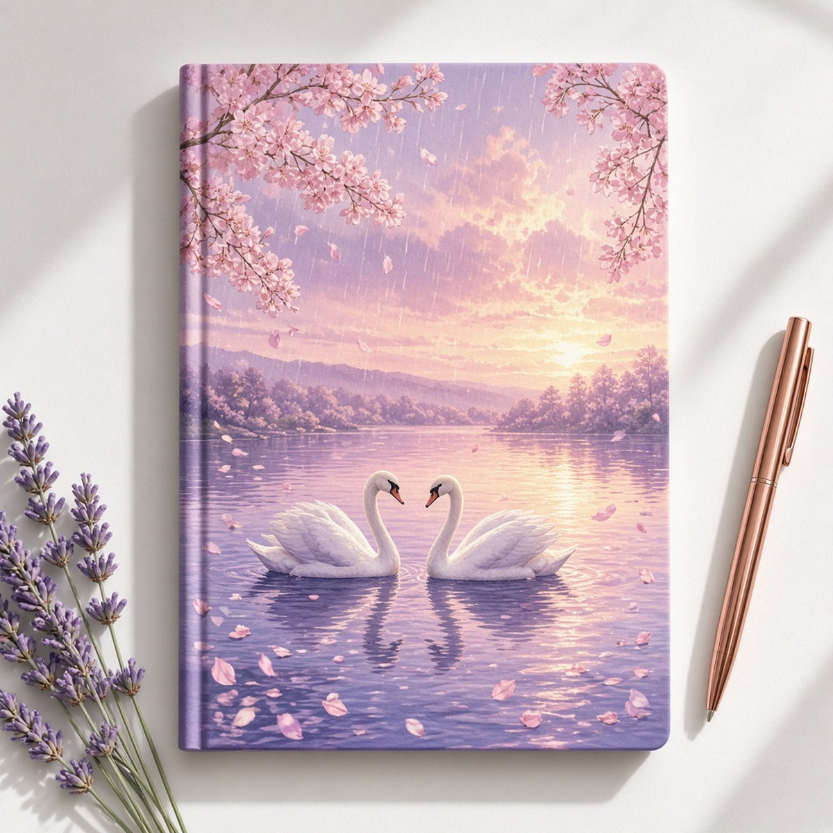 Two white swans arriving on a lavender lake as a spring shower clears into a pink sunset with cherry blossom printed flat on a notebook, made with prompt #423