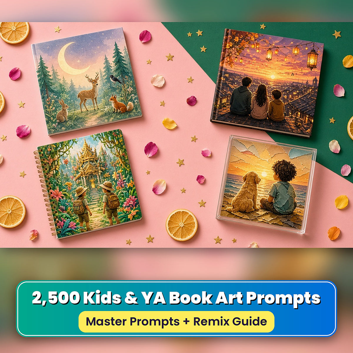 2,500 Kids & YA Book Art Prompts Complete Library: Made with prompts #84 · #2438 · #1140 · #905 – realistic UV-printed mockup