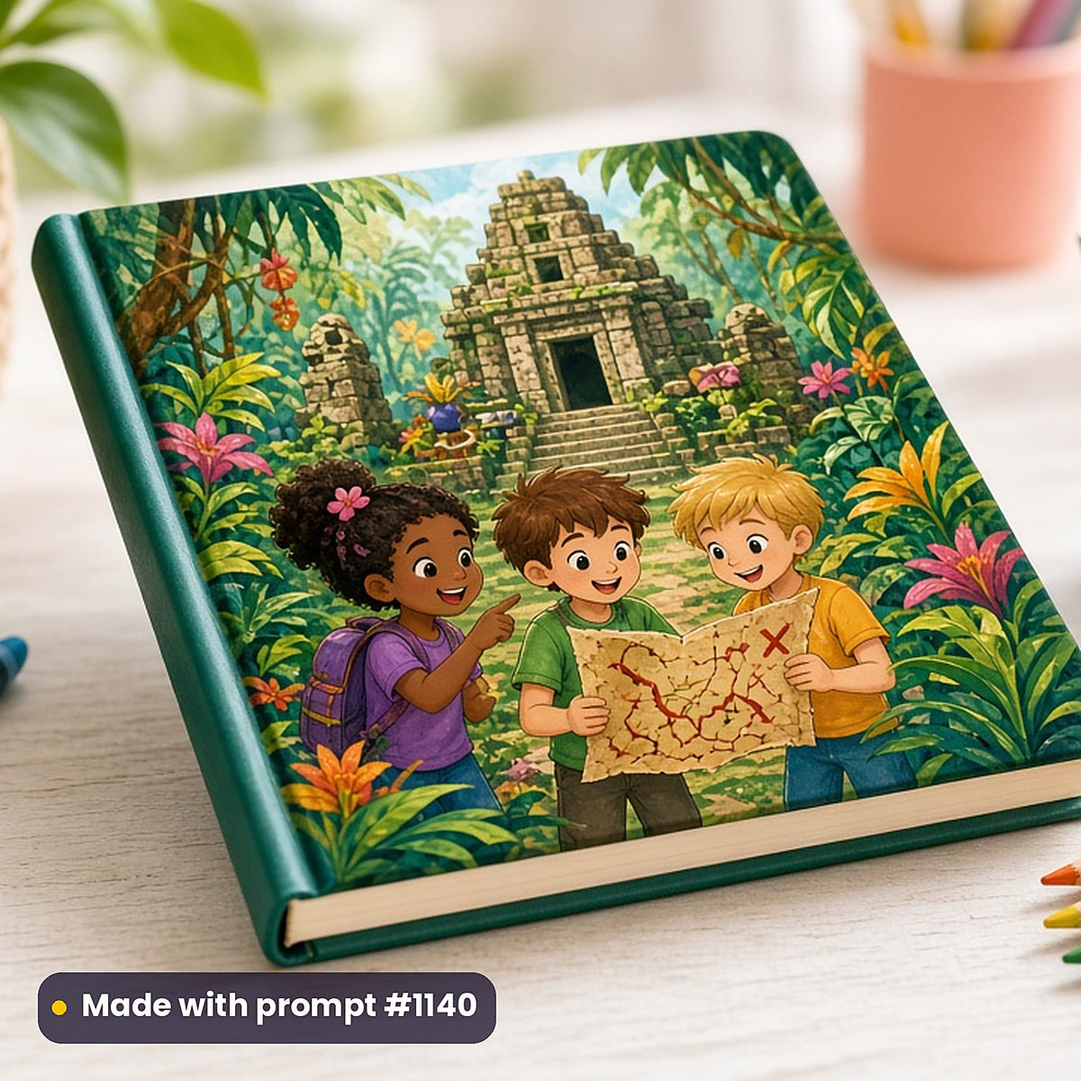 2,500 Kids & YA Book Art Prompts Complete Library: Made with prompt #1140 – realistic UV-printed mockup (Middle Grade Adventures · Playful Whimsical · Iconic Masterpiece)
