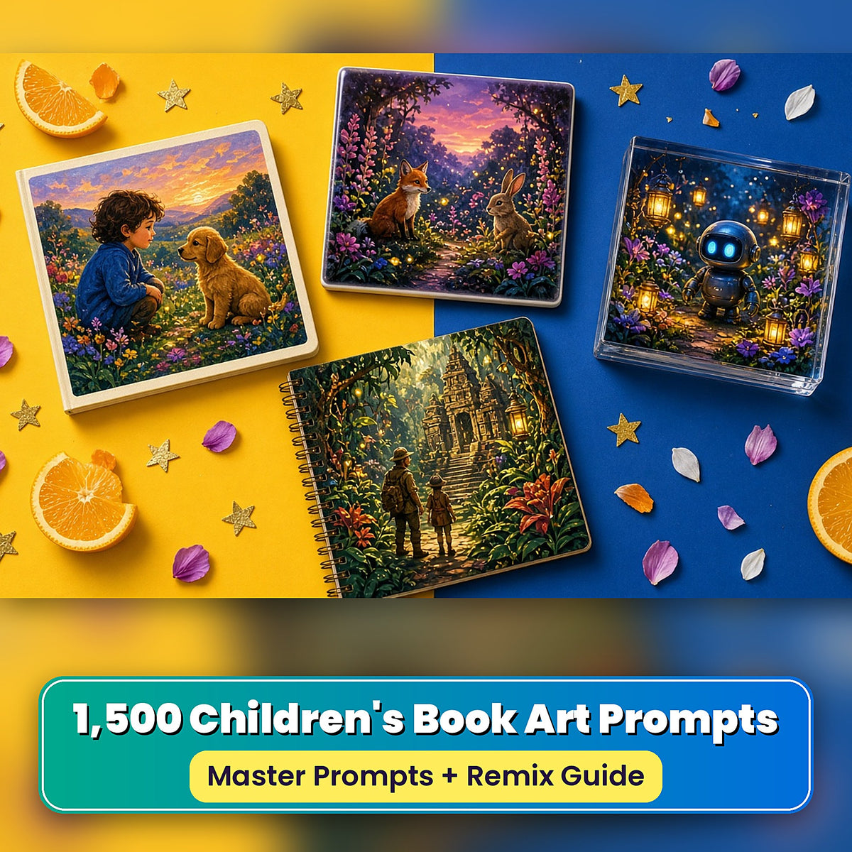 Children's Book Art Prompt Library: realistic UV-printed mockup, made with prompts #829 · #493 · #1460 · #555