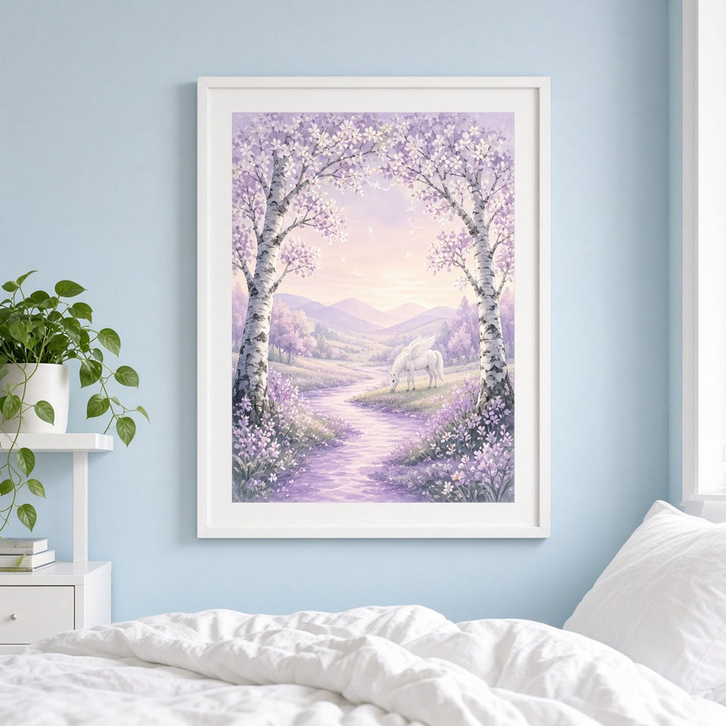 Pastel silver birch gateway in lilac blossom opening onto a dreamy valley with a winged white horse grazing printed flat on a framed print in a bedroom, made with prompt #81