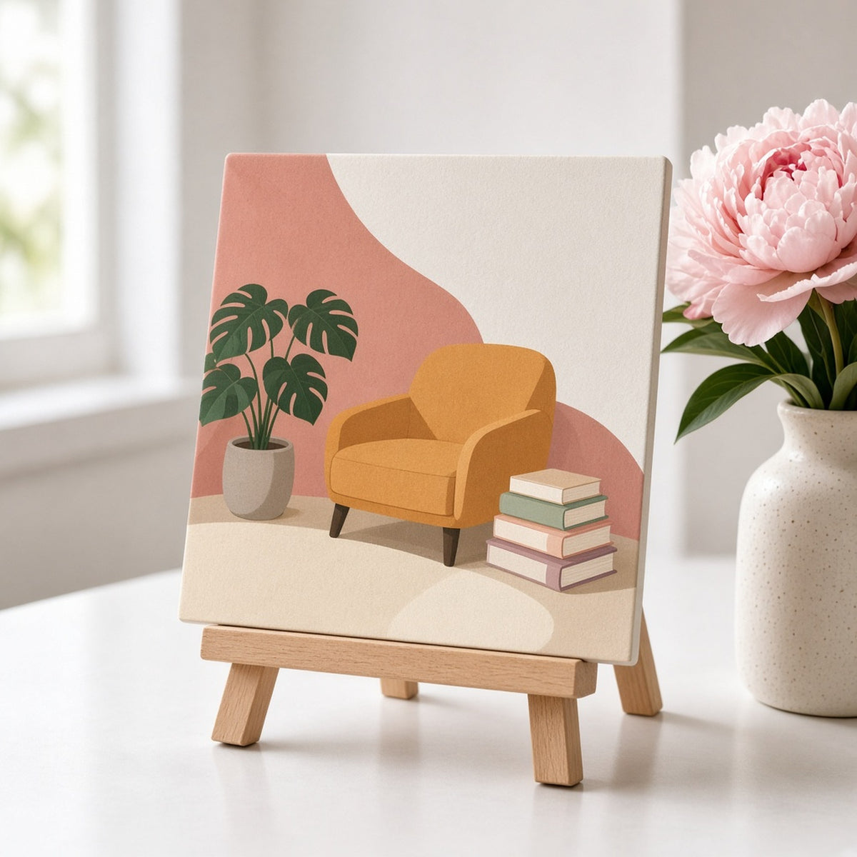 Minimal hideaway nook with a curved pink wall, mustard armchair, monstera and pastel books printed flat on a ceramic tile, made with prompt #502