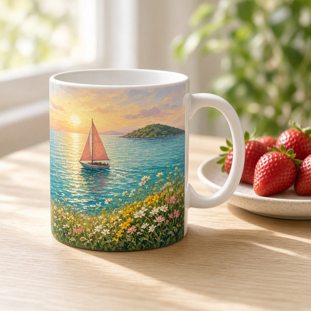 Coral-sailed boat setting off across a sunrise bay toward a distant green island from a wildflower shore printed flat on a mug, made with prompt #831