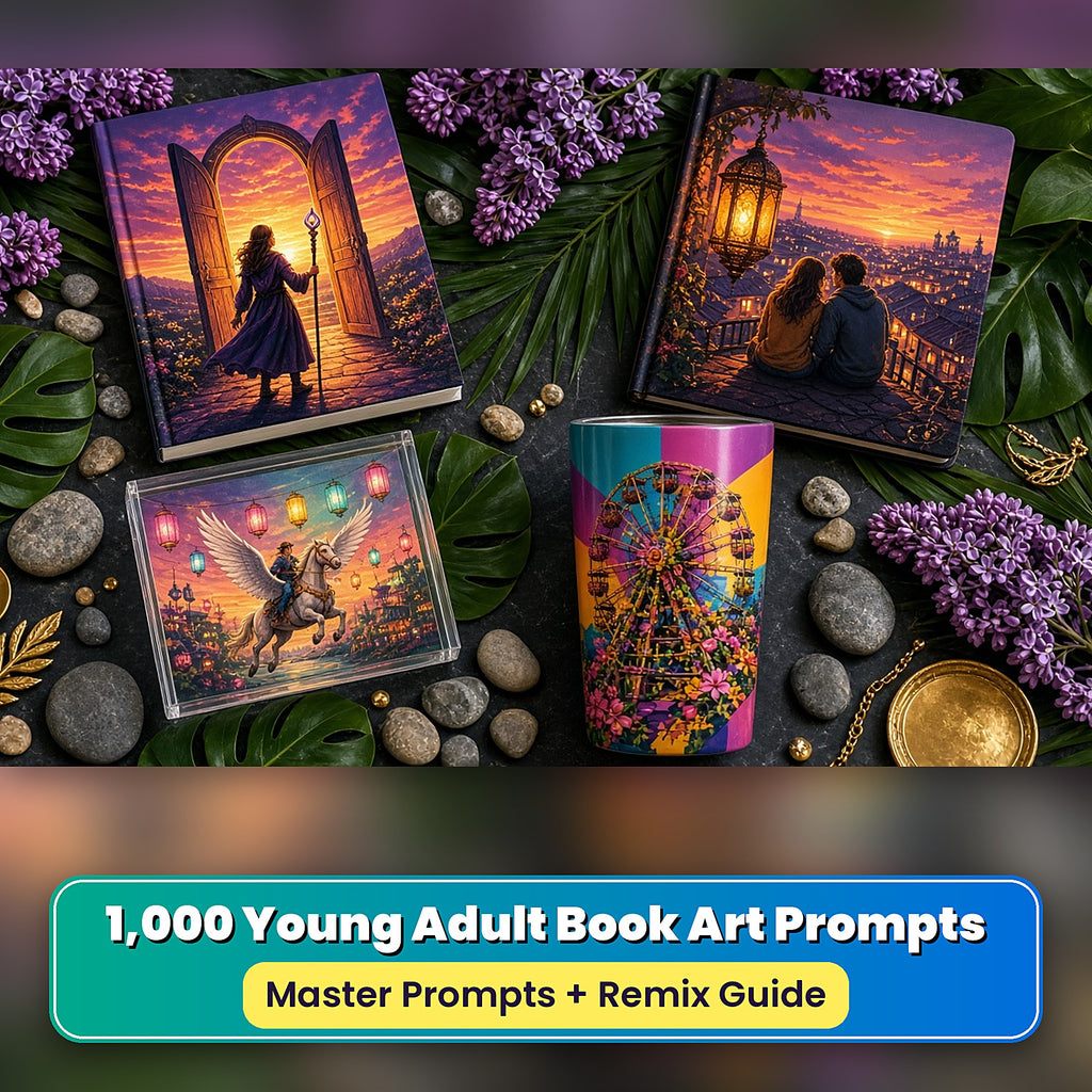 Young Adult Book Art Prompt Library: realistic UV-printed mockup, made with prompts #481 · #955 · #78 · #533