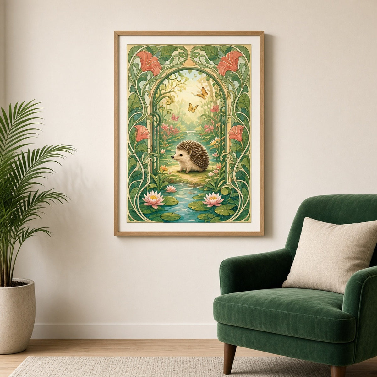 Art Nouveau lily-stem gateway opening onto a sunny water-lily garden with a hedgehog and butterflies printed flat on a framed print in a living room, made with prompt #41