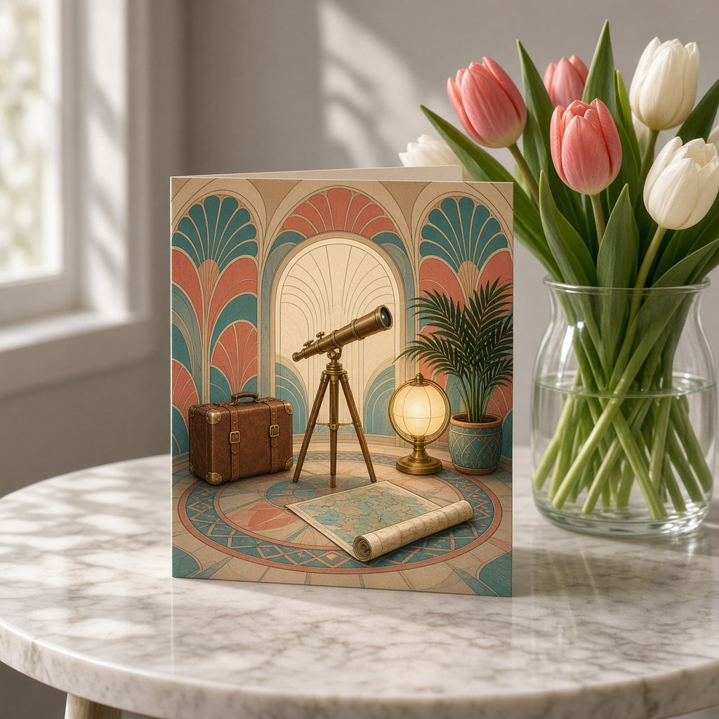 Art Deco explorer's hideaway with fan-shell walls, a brass telescope, suitcase, globe lamp and rolled map printed flat on a greeting card, made with prompt #262