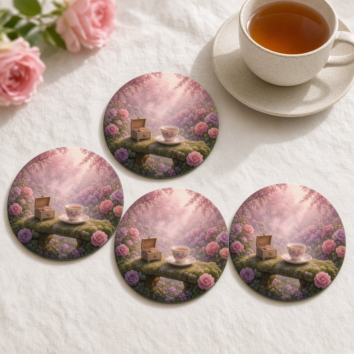 Pink morning mist drifting through a rose garden revealing a music box and teacup on a mossy bench printed flat on a set of 4 coasters, made with prompt #416