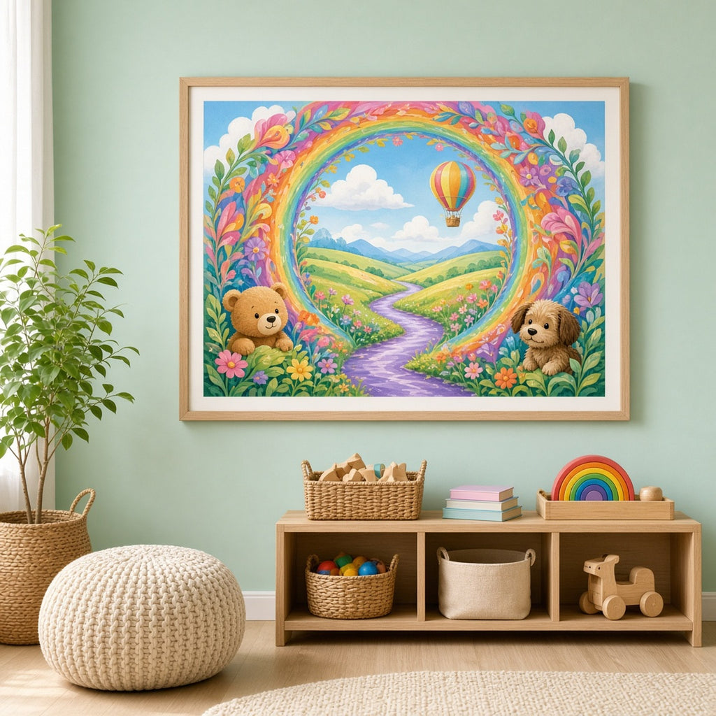 Rainbow flower gateway opening onto candy-coloured hills with a purple river, a hot-air balloon, a teddy bear and a puppy printed flat on a framed print in a playroom, made with prompt #81