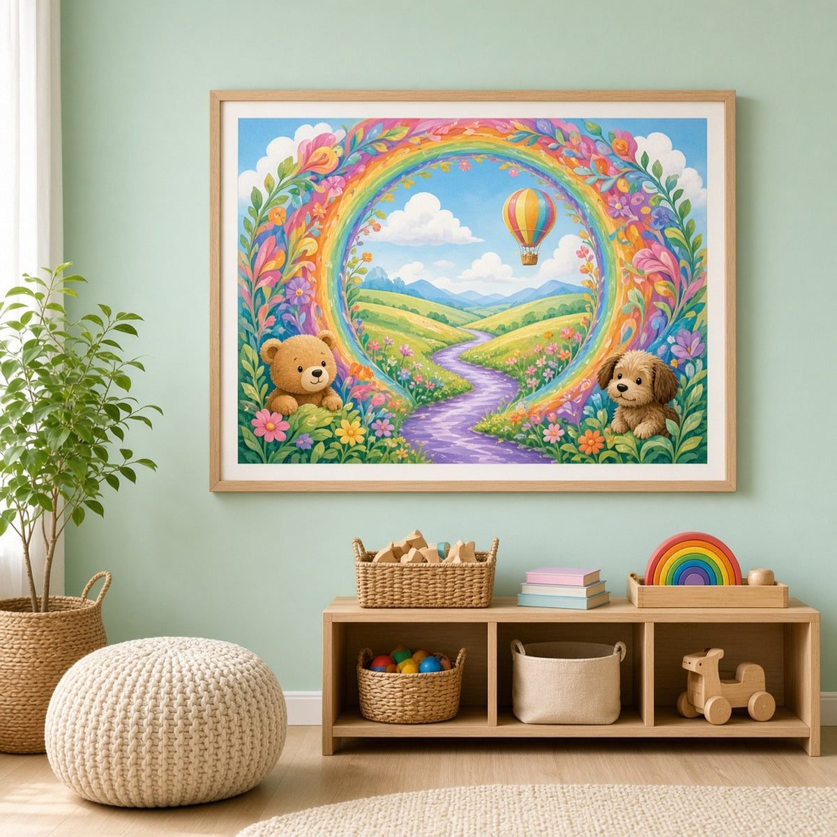 Rainbow flower gateway opening onto candy-coloured hills with a purple river, a hot-air balloon, a teddy bear and a puppy printed flat on a framed print in a playroom, made with prompt #81