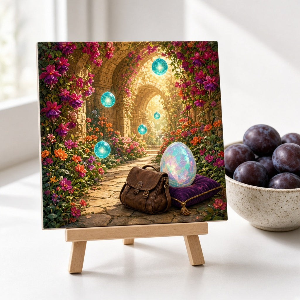 Bold sunlit hidden garden chamber with magenta flowers, glowing turquoise orbs, an opal egg and a leather satchel printed flat on a ceramic tile, made with prompt #302