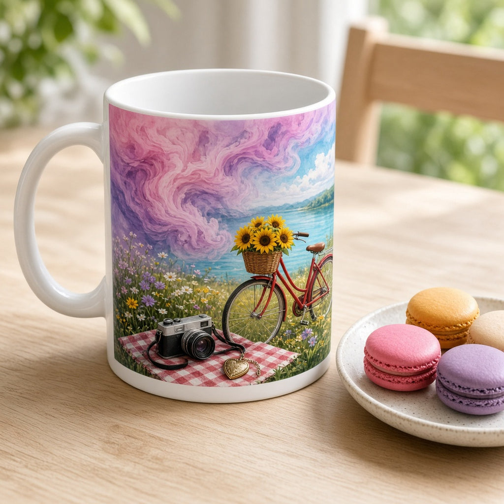 Swirling pink and violet mist over a lakeside meadow revealing a red bicycle with sunflowers, a vintage camera and a heart locket printed flat on a mug, made with prompt #416
