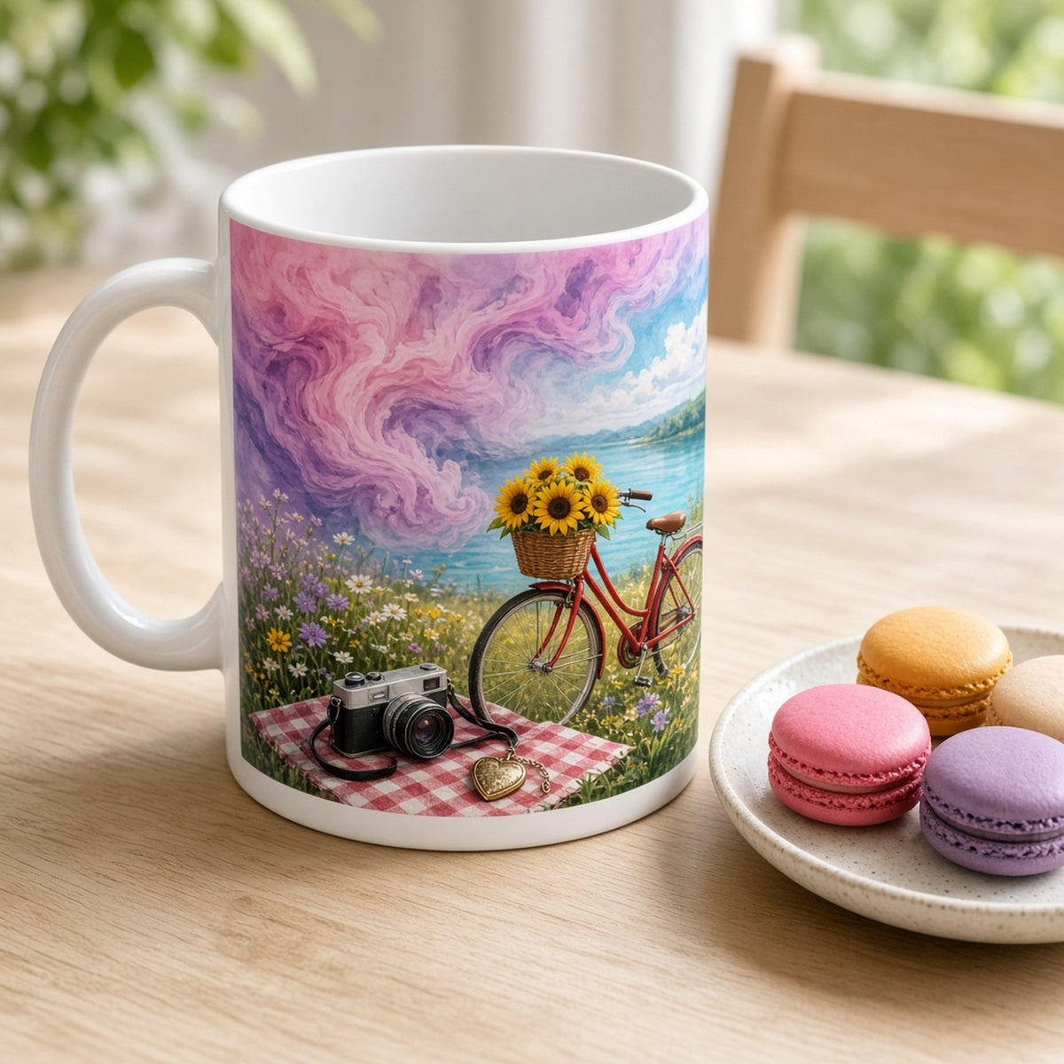 Swirling pink and violet mist over a lakeside meadow revealing a red bicycle with sunflowers, a vintage camera and a heart locket printed flat on a mug, made with prompt #416