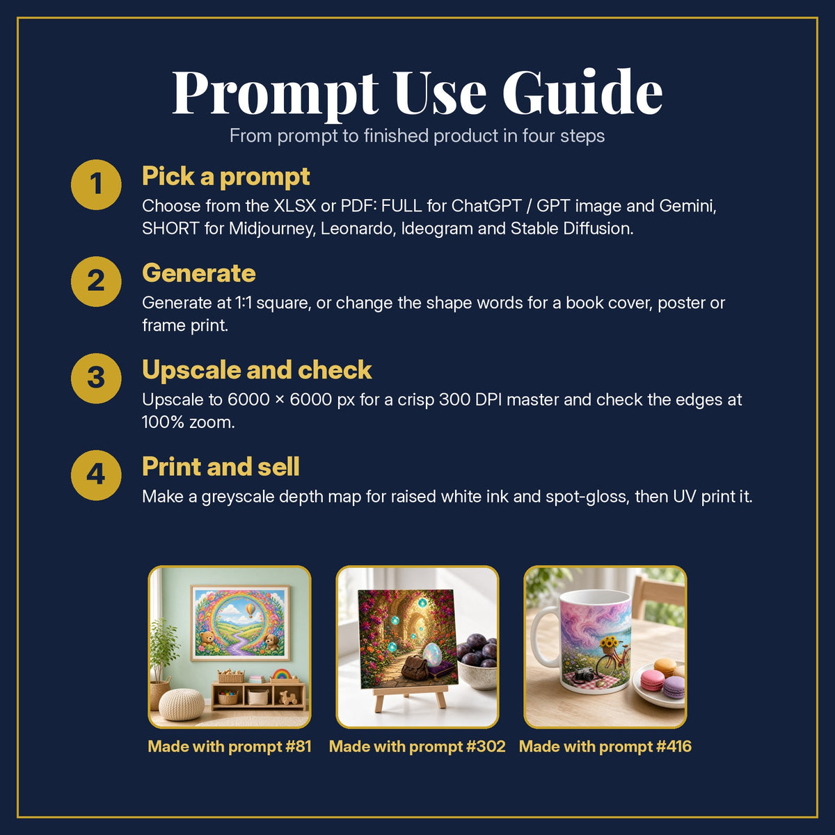 Prompt Use Guide for the Cinematic & Bold Kids & YA Book Art Collection: pick a prompt, generate, upscale and check, print and sell, with sample products made with the pack's prompts