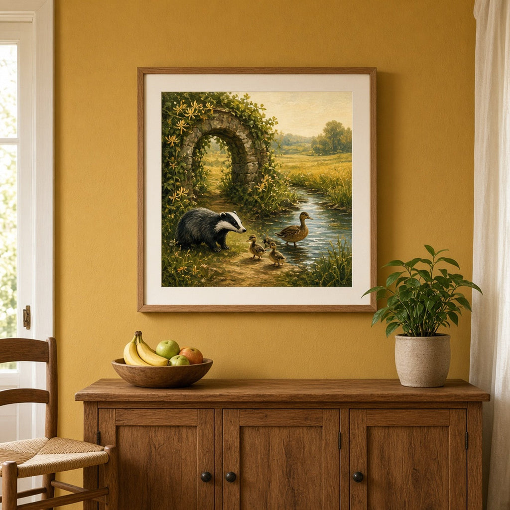 Honeysuckle-covered stone arch opening onto a golden meadow with a badger and ducklings by a stream printed flat on a framed print in a dining room, made with prompt #41