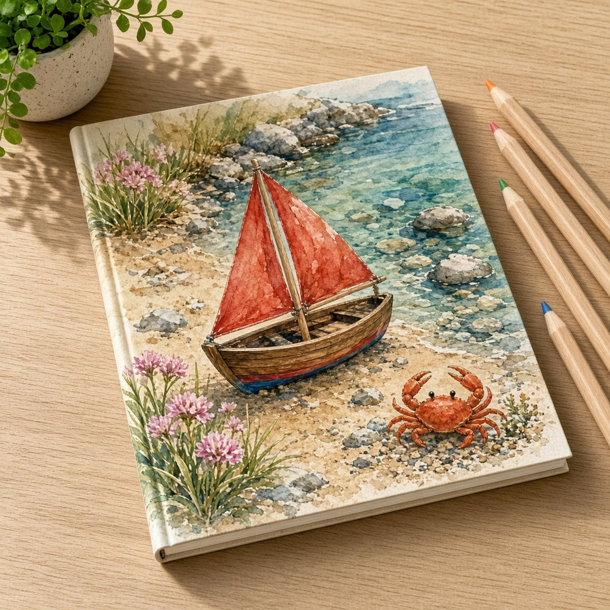 Watercolour lost toy sailboat with a red sail washed up by a sunny rock pool with sea pinks and a crab printed flat on a notebook, made with prompt #227