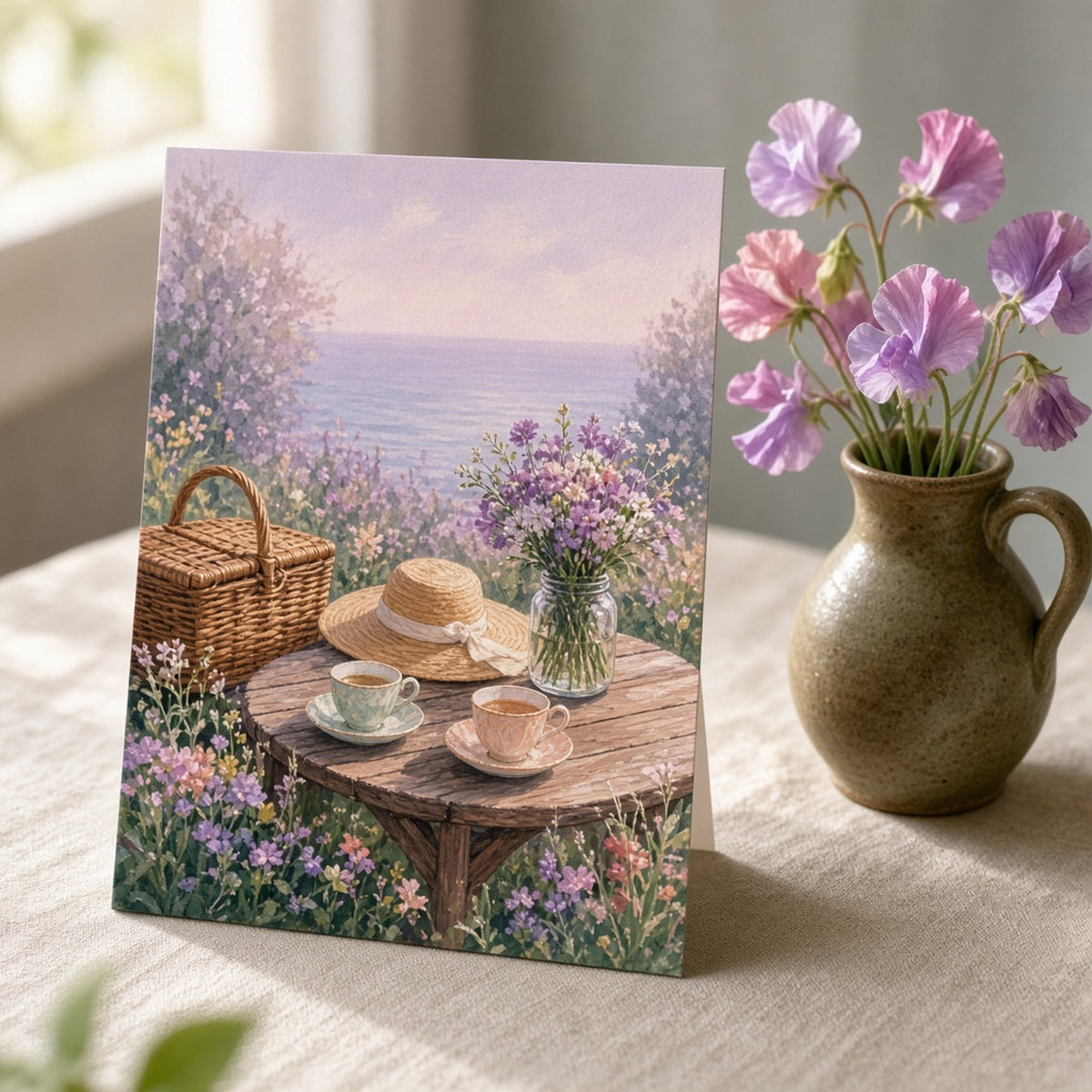 Lilac morning mist over a seaside garden revealing a picnic basket, straw hat, wildflowers and teacups printed flat on a greeting card, made with prompt #416