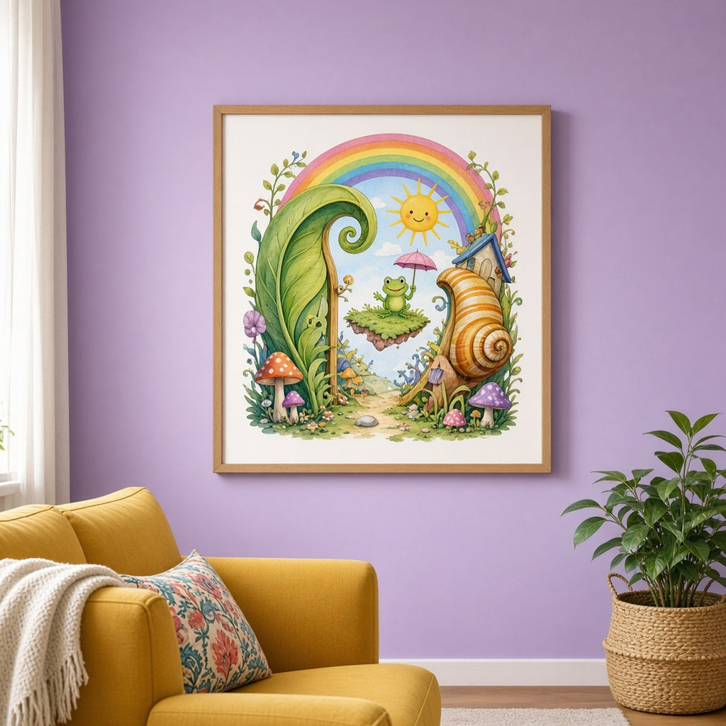 Whimsical curling-leaf and snail-shell gateway into a sunny world with a rainbow, polka-dot mushrooms and a frog with an umbrella printed flat on a framed print in a living room, made with prompt #41