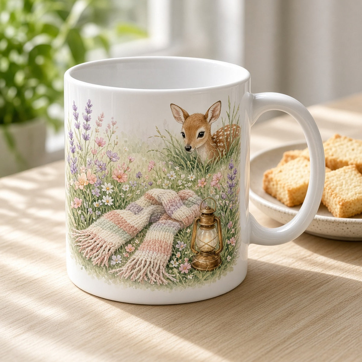 Soft pastel lost striped scarf and brass lantern in a wildflower meadow with a fawn peeking out printed flat on a mug, made with prompt #227