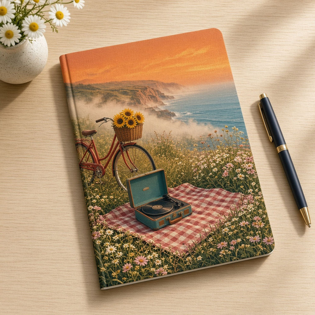 Retro-palette morning mist on a seaside clifftop meadow revealing a red bicycle with sunflowers and a portable record player printed flat on a notebook, made with prompt #416