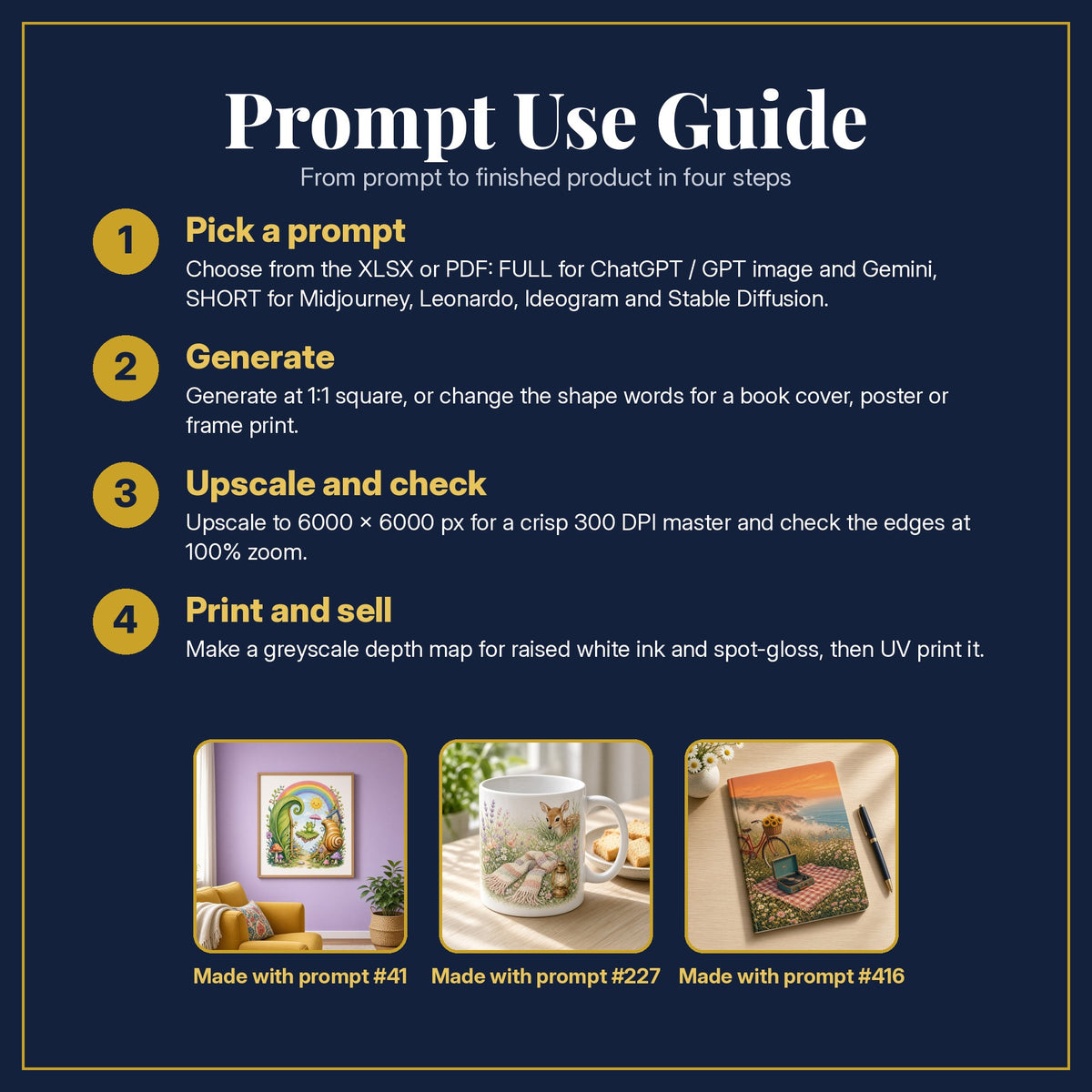 Prompt Use Guide for the Vintage & Whimsical Kids & YA Book Art Collection: pick a prompt, generate, upscale and check, print and sell, with sample products made with the pack's prompts