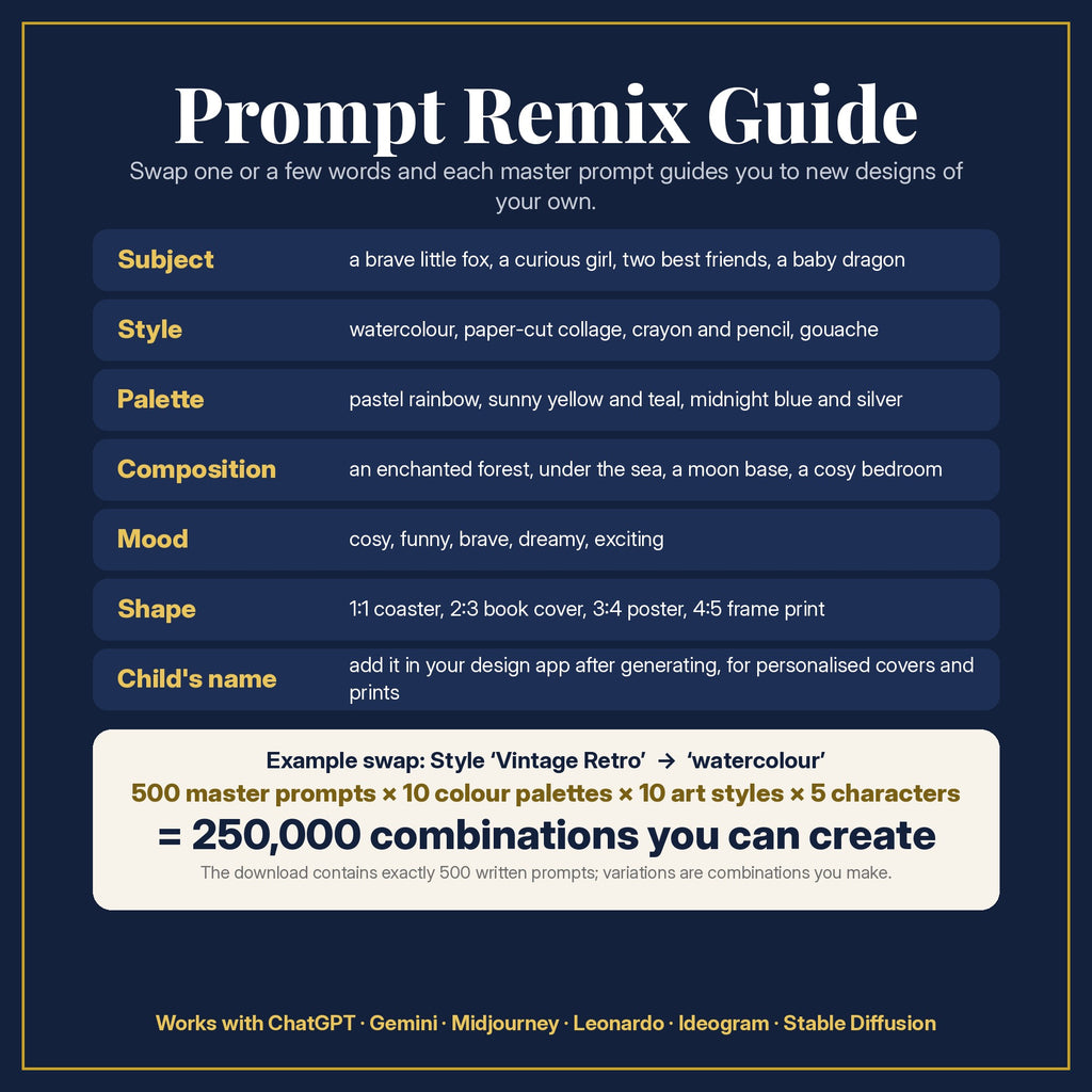 Prompt Remix Guide for the Vintage & Whimsical Kids & YA Book Art Collection: 500 master prompts × 10 colour palettes × 10 art styles × 5 characters = 250,000 combinations, and what to change