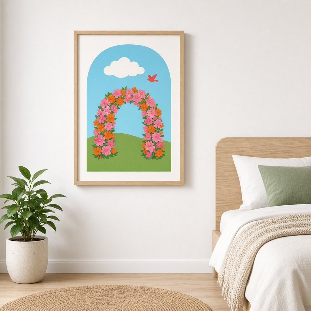 Minimal pink and orange flower archway on a green hill with a red bird flying through a turquoise sky printed flat on a framed print in a kids' bedroom, made with prompt #101
