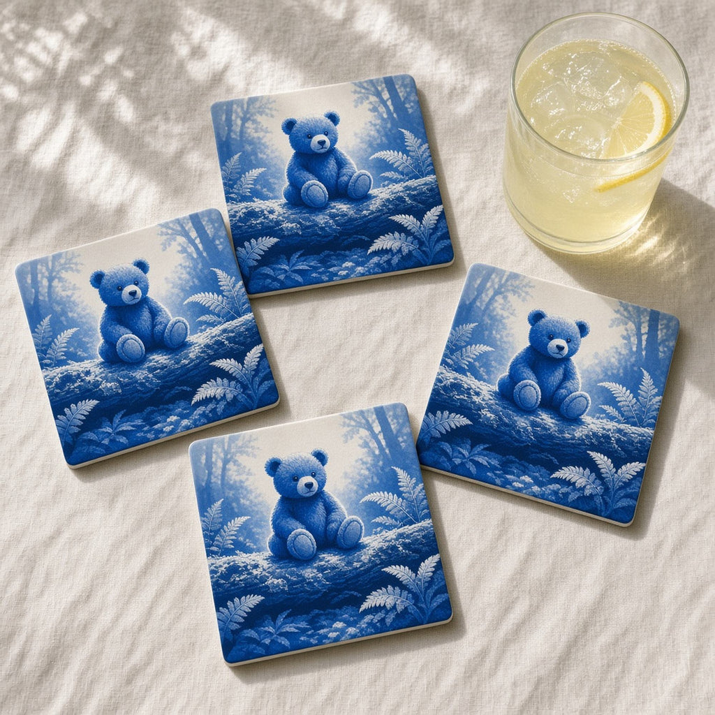 Monochrome cobalt-blue lost teddy bear sitting on a mossy log in a sunlit fern clearing printed flat on a set of 4 coasters, made with prompt #227