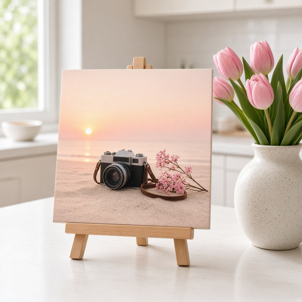 Blush-pink sunrise mist revealing a vintage film camera and a sprig of pink blossom on a pale beach printed flat on a ceramic tile, made with prompt #416