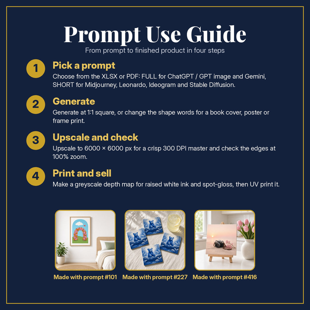 Prompt Use Guide for the Clean & Graphic Kids & YA Book Art Collection: pick a prompt, generate, upscale and check, print and sell, with sample products made with the pack's prompts