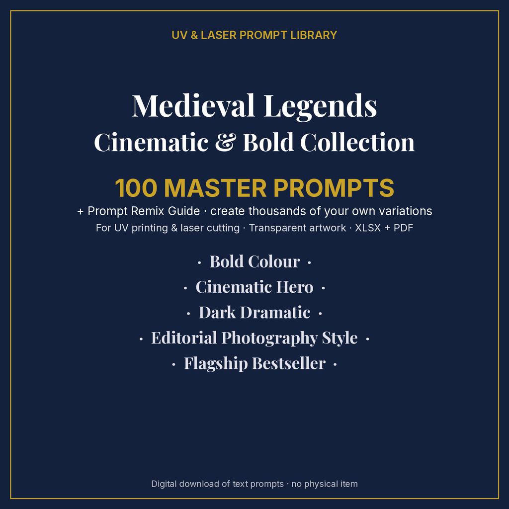 Cover: Medieval Legends Cinematic & Bold Collection, 100 master prompts + Prompt Remix Guide