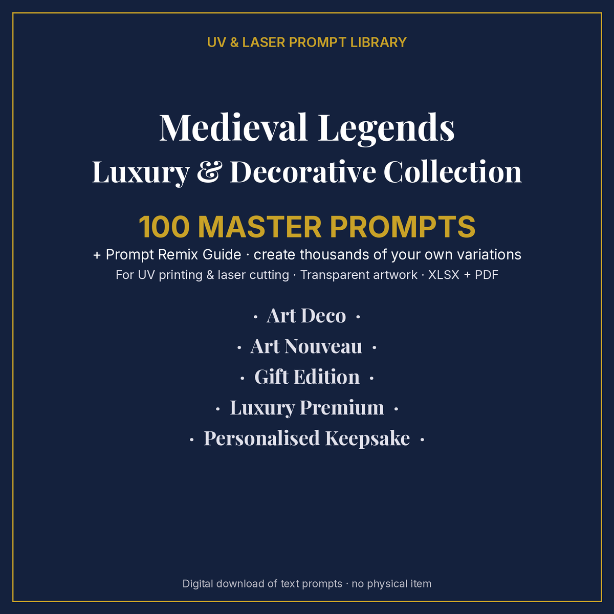 Cover: Medieval Legends Luxury & Decorative Collection, 100 master prompts + Prompt Remix Guide