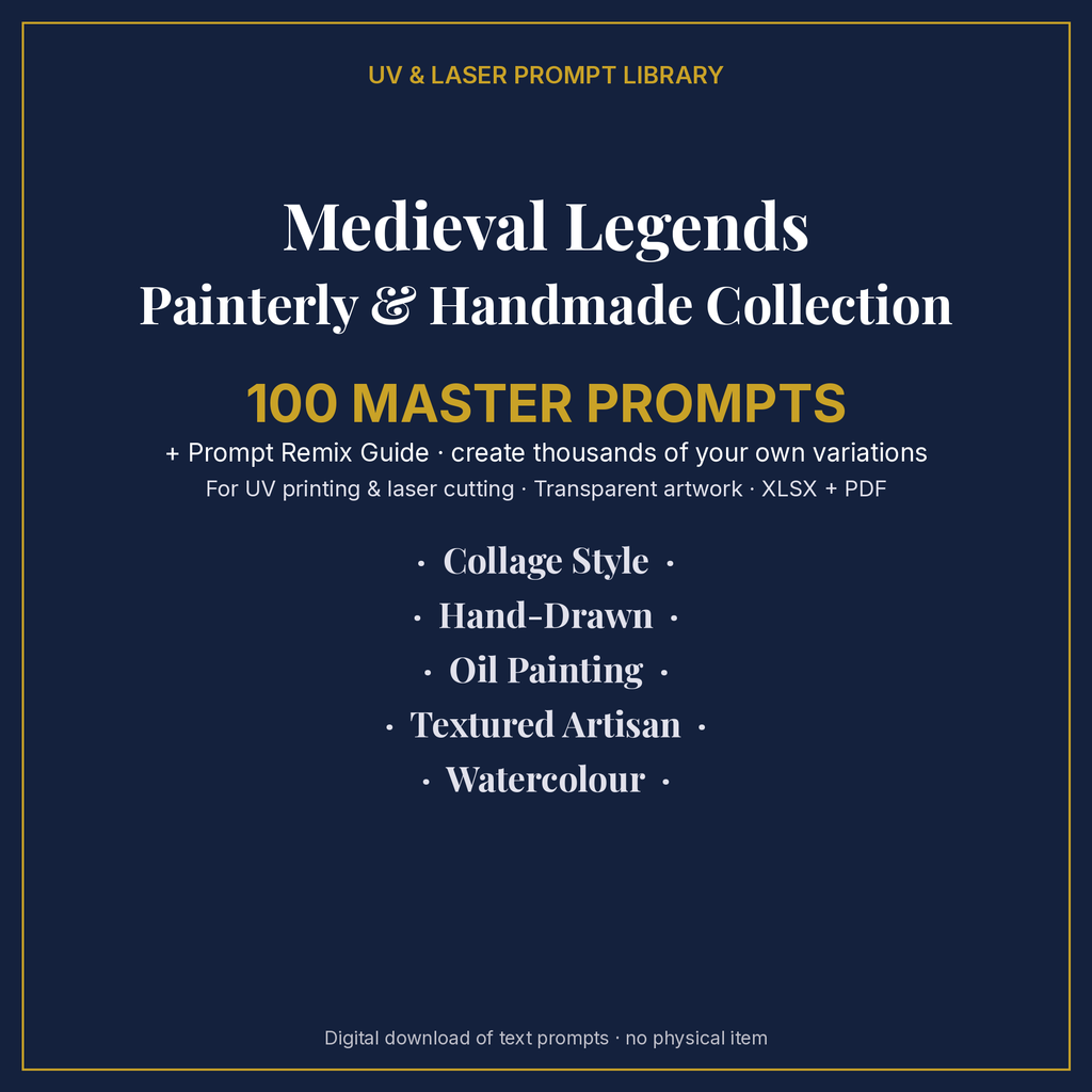 Cover: Medieval Legends Painterly & Handmade Collection, 100 master prompts + Prompt Remix Guide