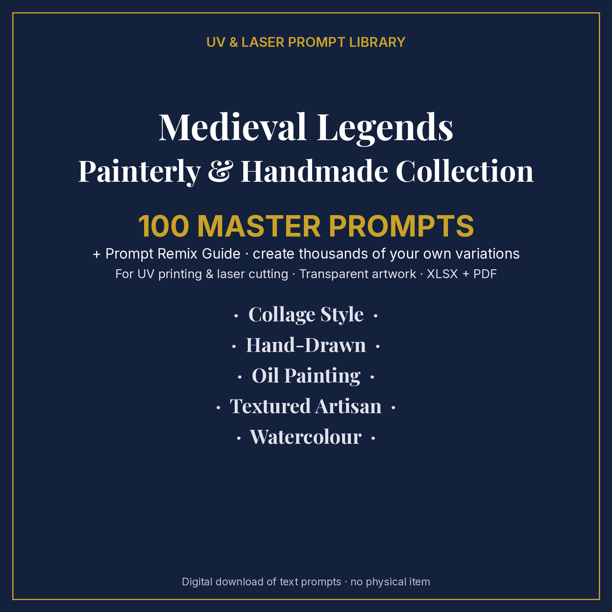 Cover: Medieval Legends Painterly & Handmade Collection, 100 master prompts + Prompt Remix Guide