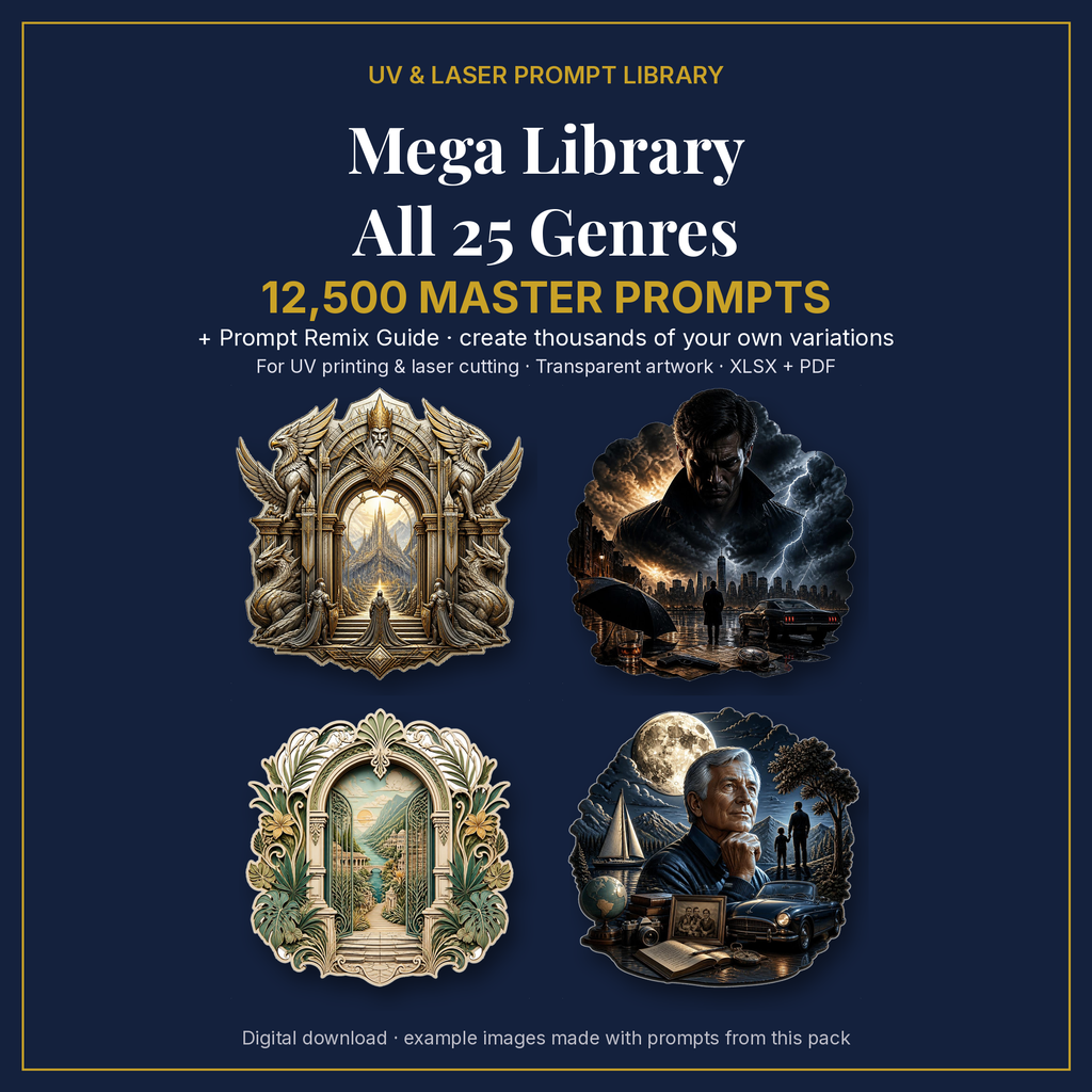 Cover: Mega Library All 25 Genres, 12,500 master prompts + Prompt Remix Guide