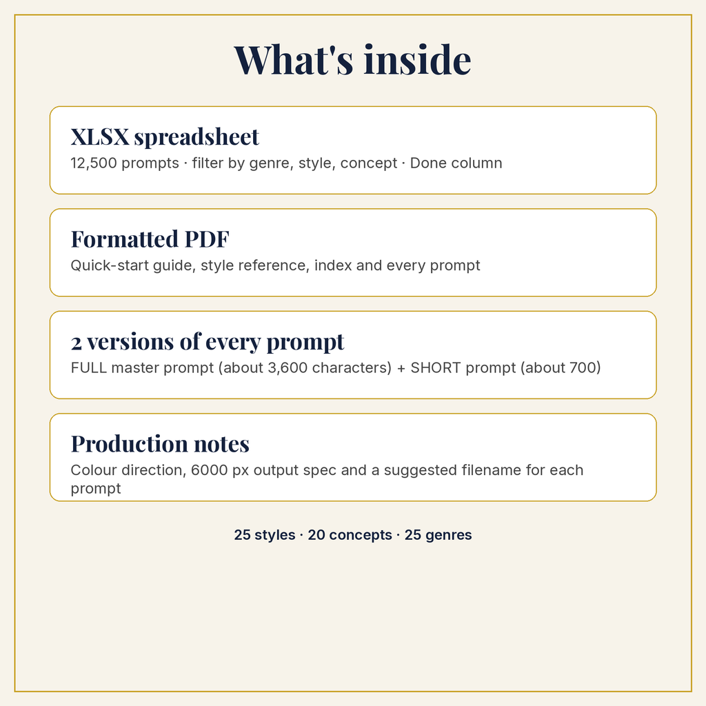 What is inside the download: XLSX, PDF, full and short prompts