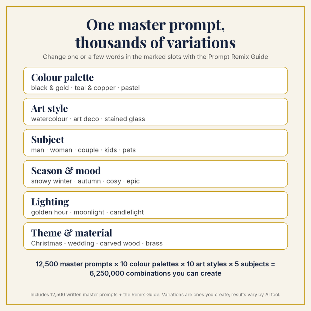 Prompt Remix Guide: swap a few words in each master prompt to create thousands of your own variations