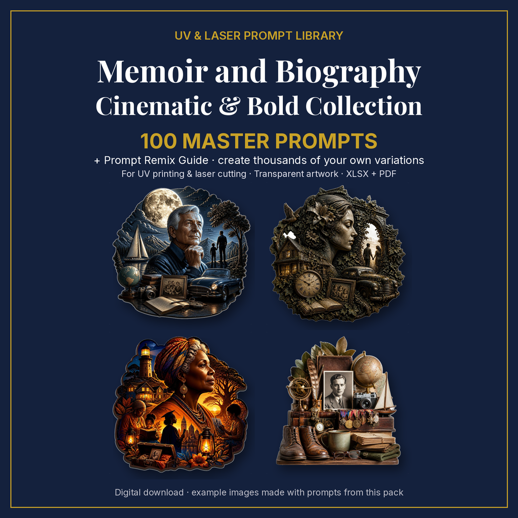 Cover: Memoir and Biography Cinematic & Bold Collection, 100 master prompts + Prompt Remix Guide