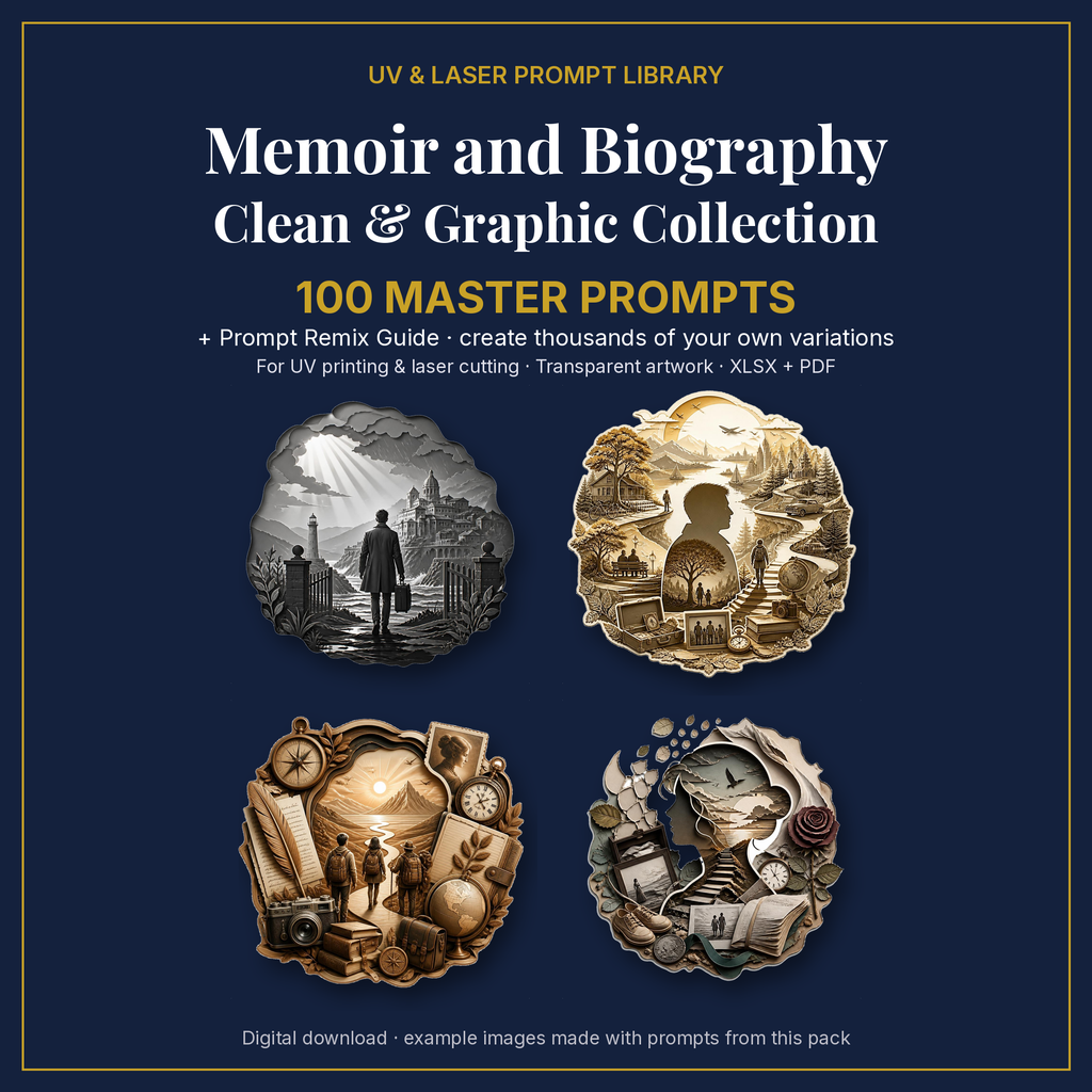 Cover: Memoir and Biography Clean & Graphic Collection, 100 master prompts + Prompt Remix Guide